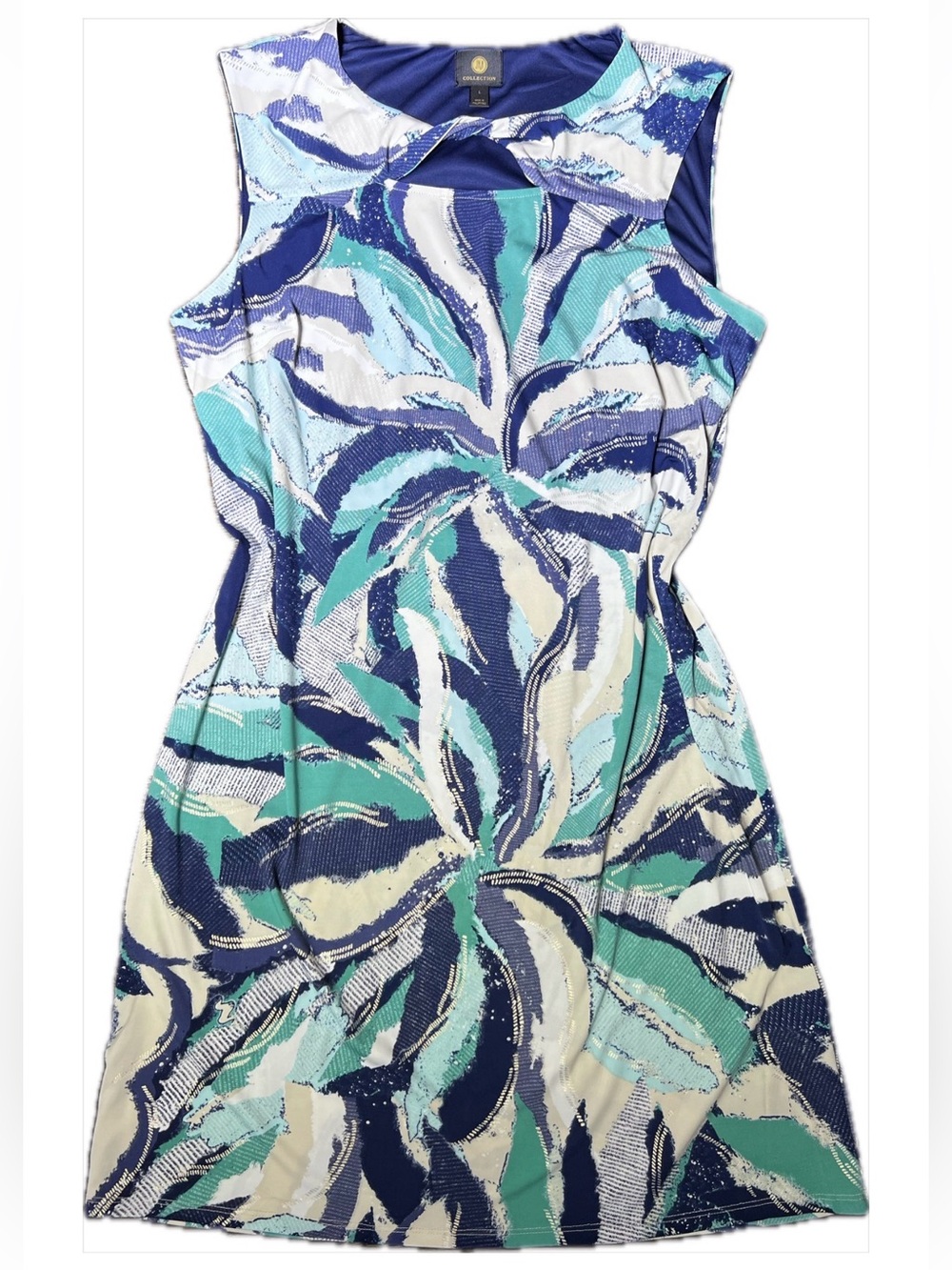 JM Collection Sleeveless Dress Blue Teal Abstract Twist Keyhole Neck Size Large